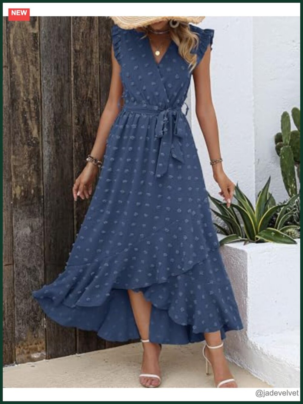 Swiss Dot Flowy Ruffle Wrap V-Neck Cap Sleeve Maxi Dress - Picture 2 of 6